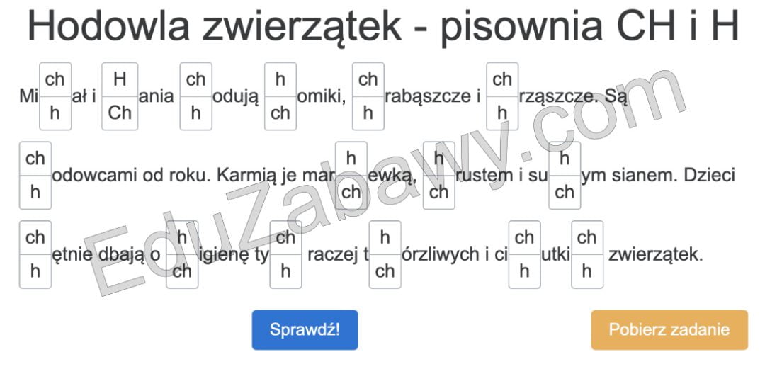 Dyktando online Hodowla zwierzątek na pisownię CH i H dla klas 3 4 5