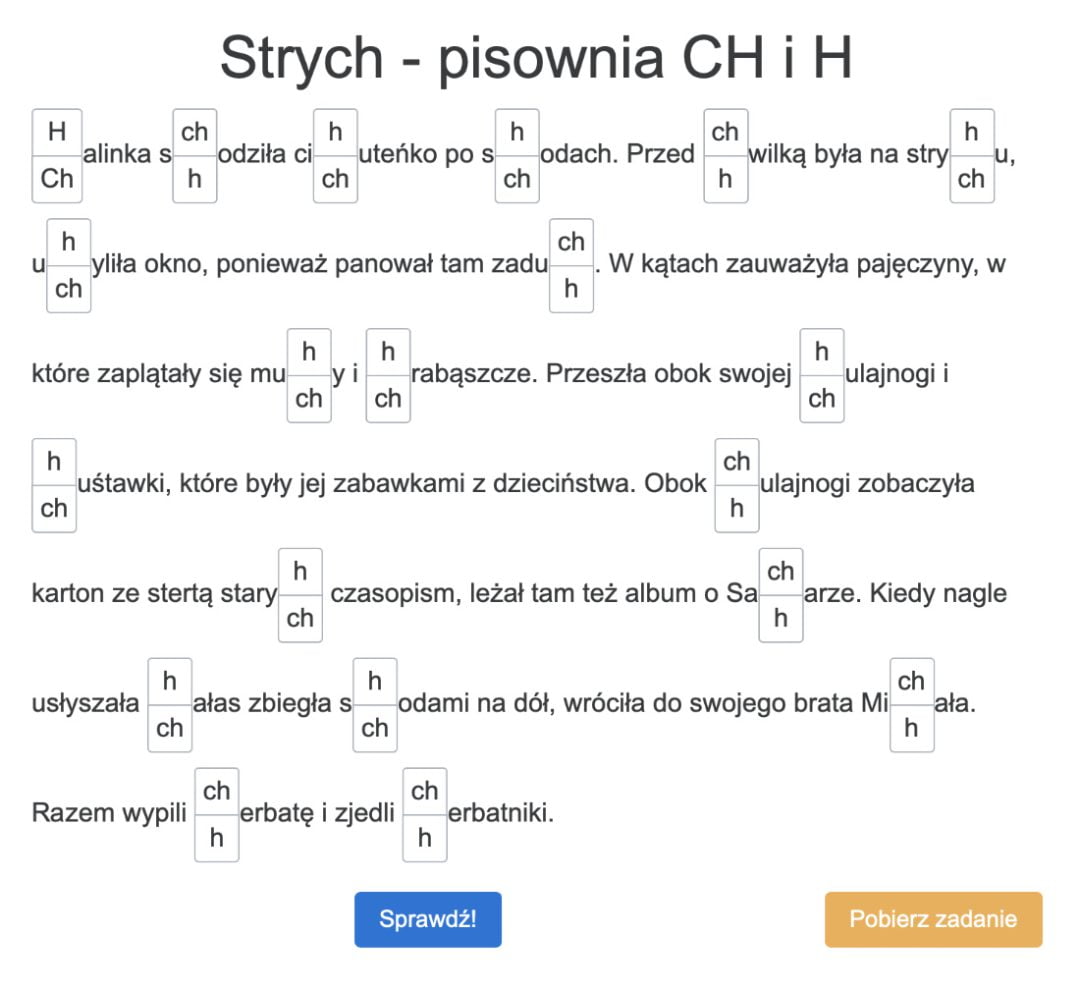 Łatwe dyktando online Strych na pisownię CH i H dla klas 3 4 5