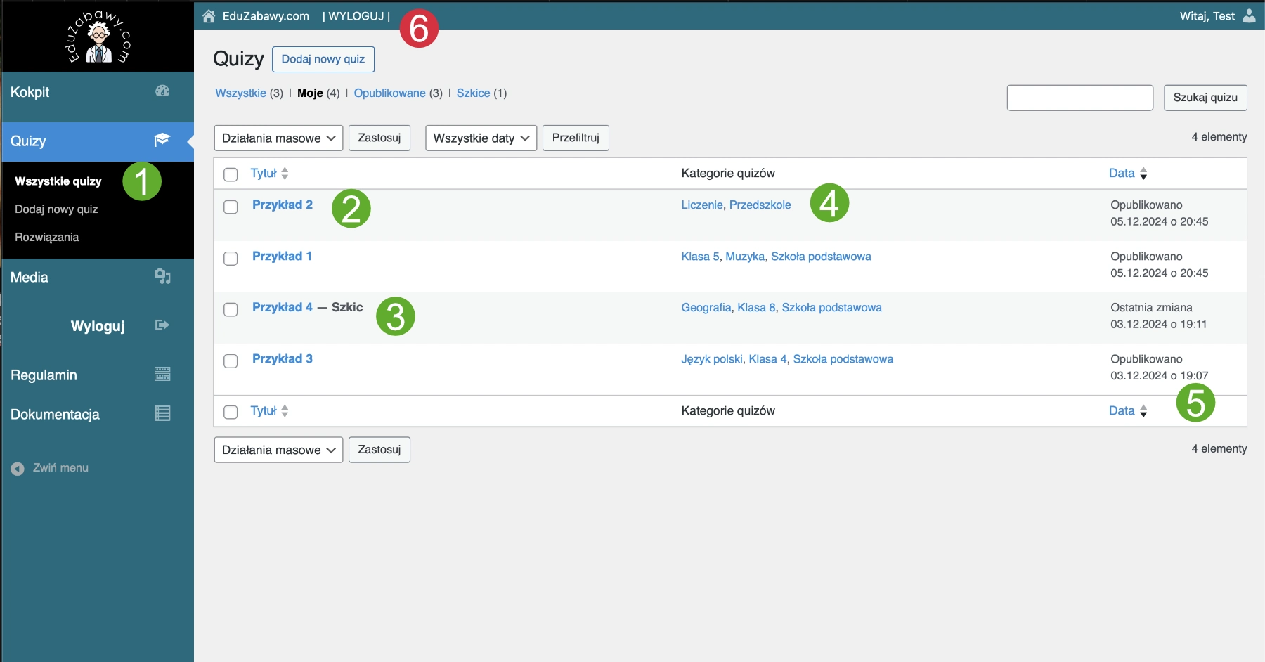 Quizy Interfejs zarządzania quizami 41
