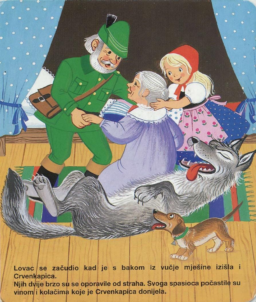Obrazek do pytania: Myśliwy pomógł babci i Czerwonemu Kapturkowi.