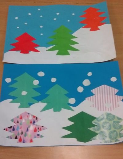 Praca plastyczna: Zima w kolorowym choinkowym lesie 2