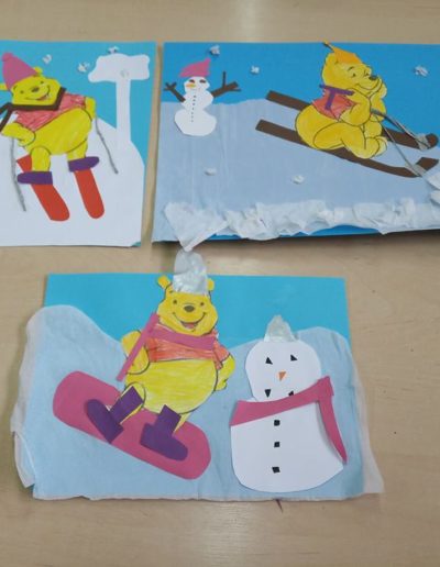 Praca plastyczna: Kubuś Puchatek w zimowej scenerii 1
