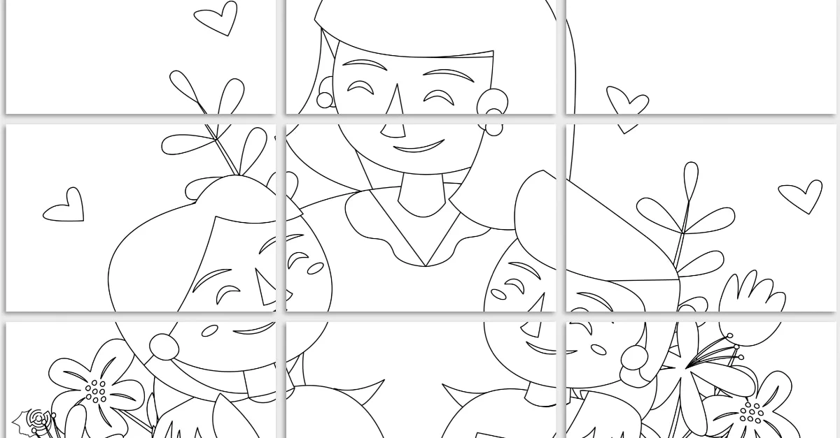 Kolorowanki XXL do druku: Mama z dziećmi (5 szablonów)