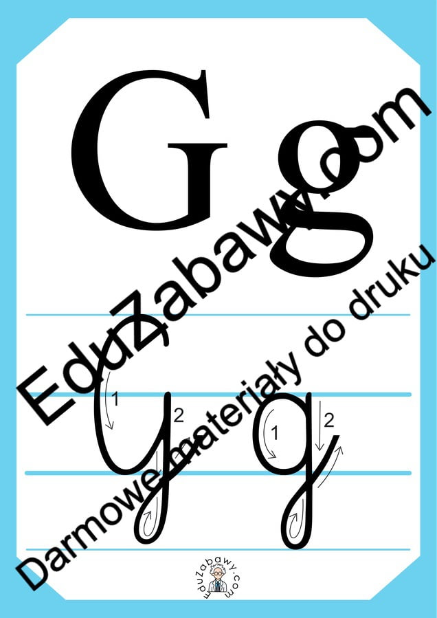 Plansza edukacyjna: litera G z kierunkiem pisania