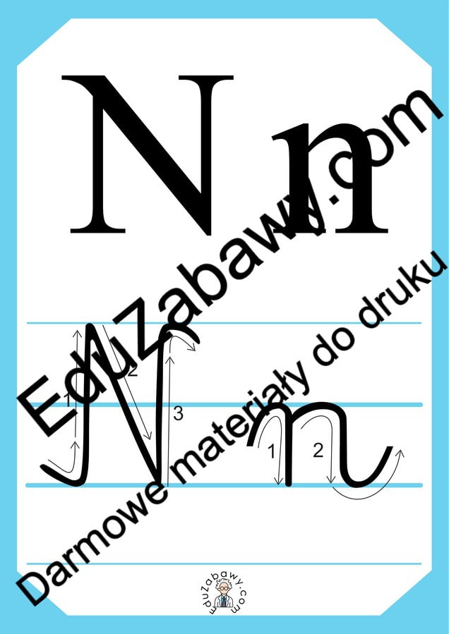 Plansza edukacyjna: litera N z kierunkiem pisania