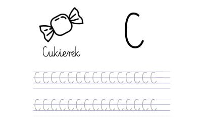 Pisanie po śladzie w liniaturze: Litera C (3 karty pracy)