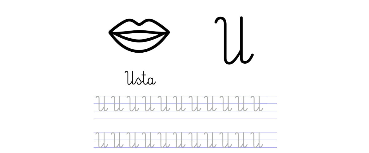 Pisanie po śladzie w liniaturze: Litera U (3 karty pracy)