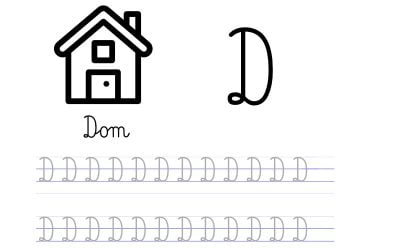 Pisanie po śladzie w liniaturze: Litera D (3 karty pracy)