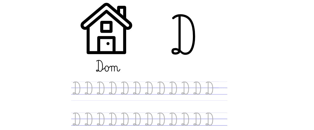 Pisanie po śladzie w liniaturze: Litera D (3 karty pracy)
