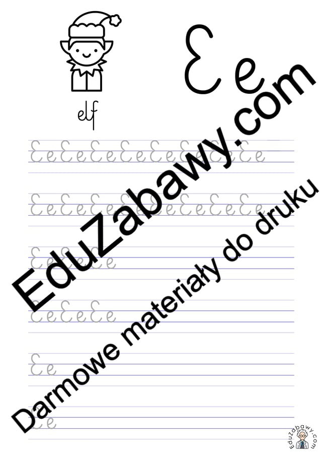 Pisanie po śladzie w liniaturze: Litera E (3 karty pracy)