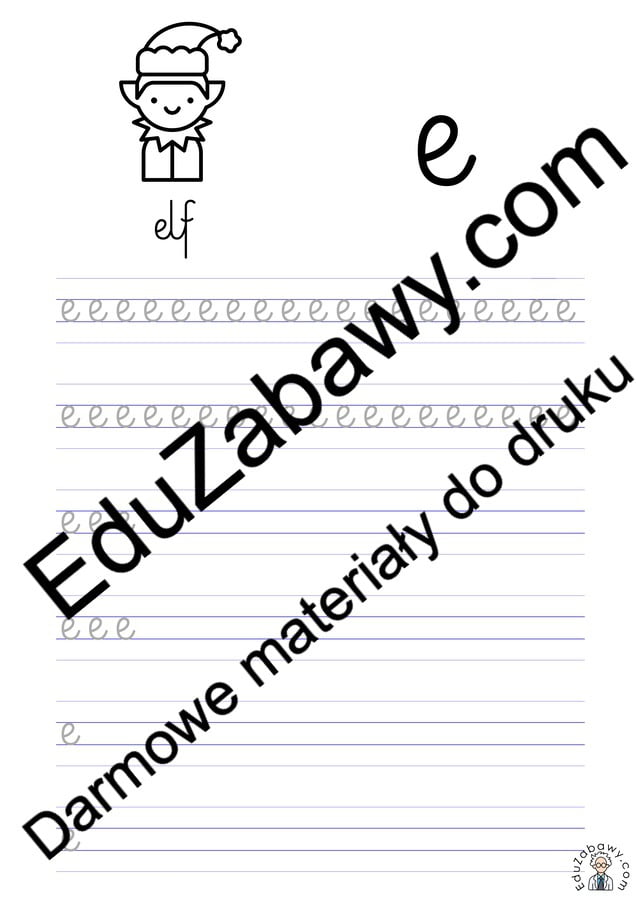 Pisanie po śladzie w liniaturze: Litera E (3 karty pracy)