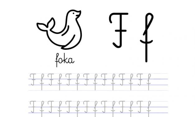 Pisanie po śladzie w liniaturze: Litera F (3 karty pracy)