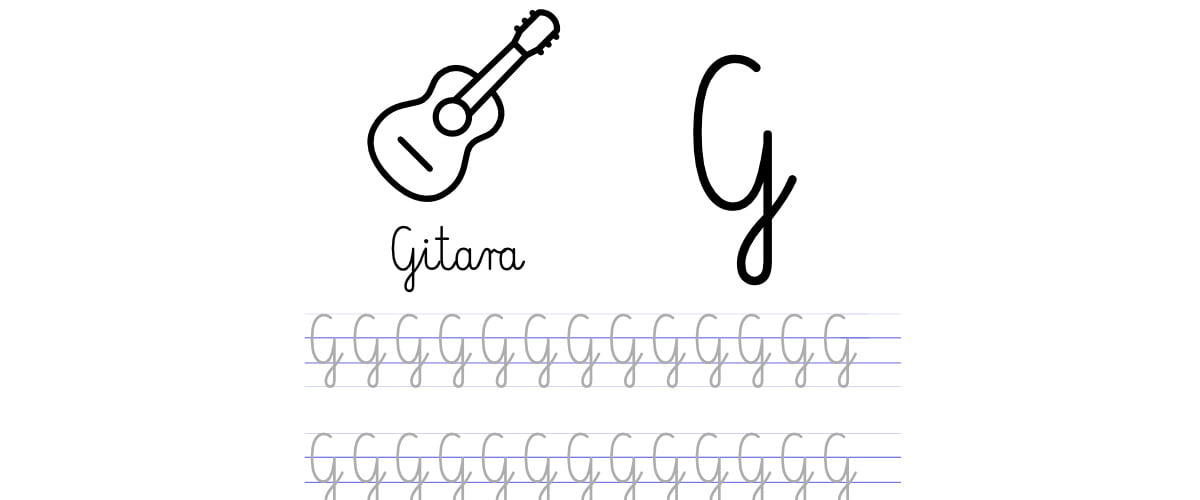 Pisanie po śladzie w liniaturze: Litera G (3 karty pracy)