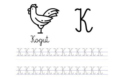 Pisanie po śladzie w liniaturze: Litera K (3 karty pracy)