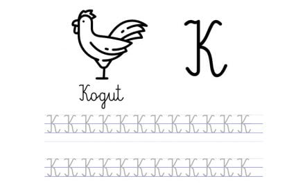 Pisanie po śladzie w liniaturze: Litera K (3 karty pracy)