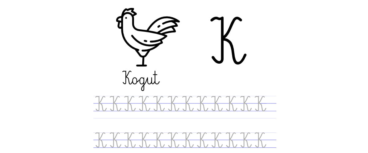 Pisanie po śladzie w liniaturze: Litera K (3 karty pracy)