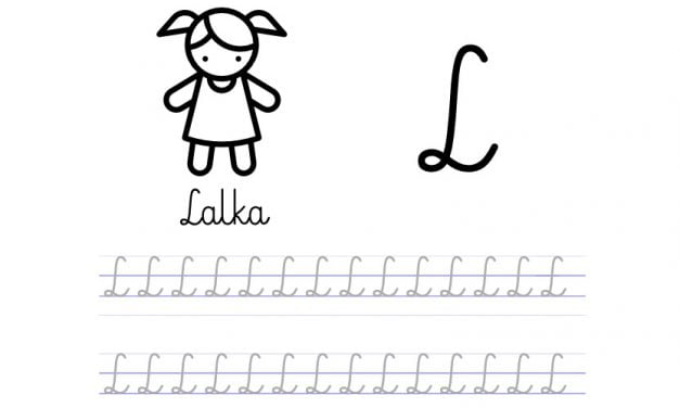 Pisanie po śladzie w liniaturze: Litera L (3 karty pracy)