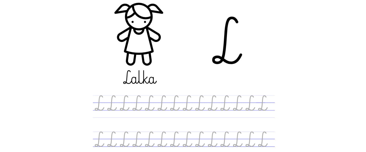 Pisanie po śladzie w liniaturze: Litera L (3 karty pracy)