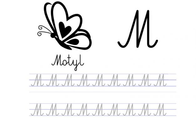 Pisanie po śladzie w liniaturze: Litera M (3 karty pracy)