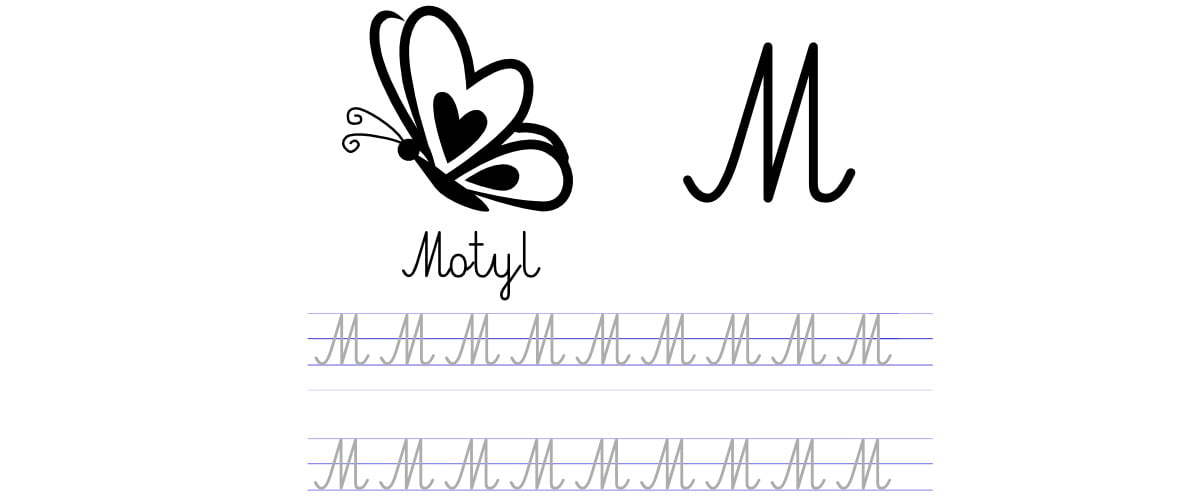 Pisanie po śladzie w liniaturze: Litera M (3 karty pracy)