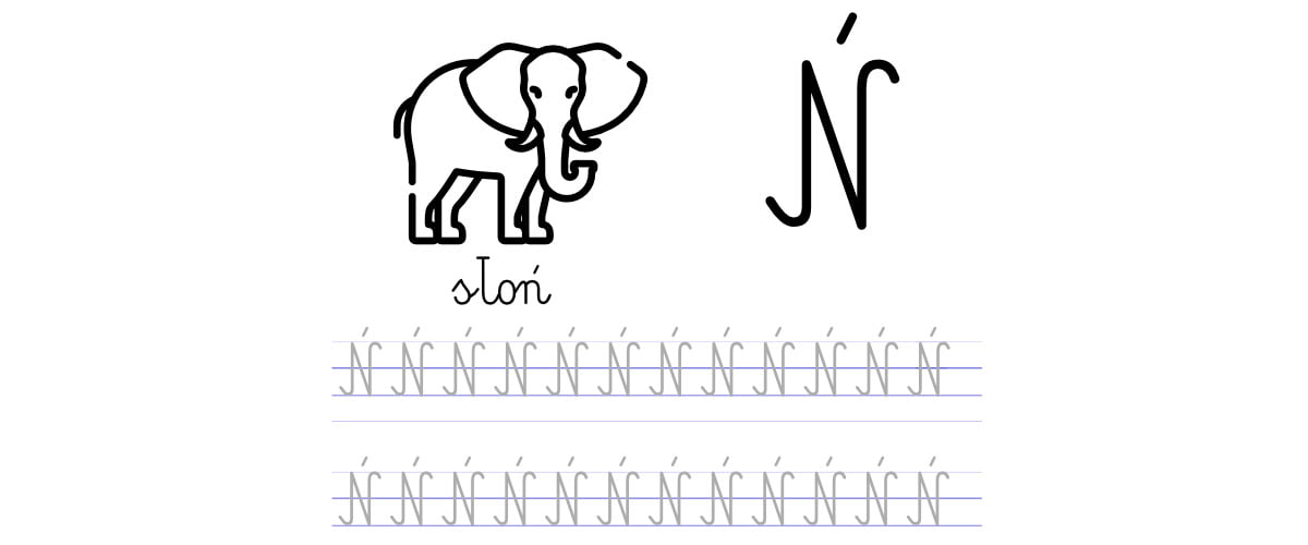 Pisanie po śladzie w liniaturze: Litera Ń (3 karty pracy)