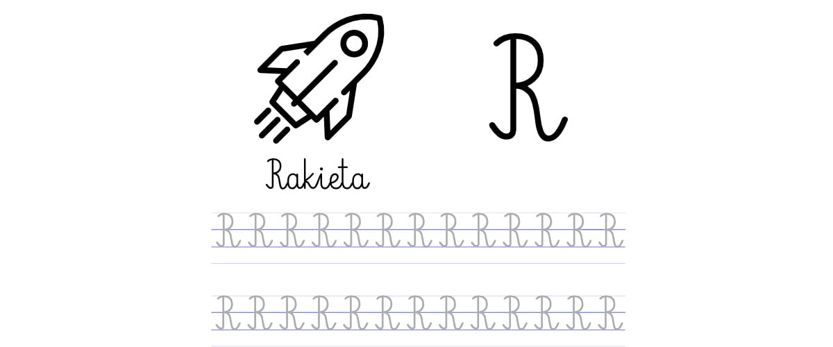 Pisanie po śladzie w liniaturze: Litera R (3 karty pracy)