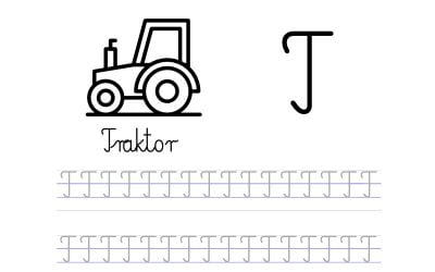 Pisanie po śladzie w liniaturze: Litera T (3 karty pracy)
