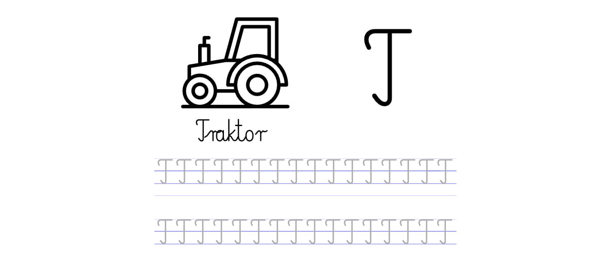Pisanie po śladzie w liniaturze: Litera T (3 karty pracy)