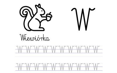 Pisanie po śladzie w liniaturze: Litera W (3 karty pracy)