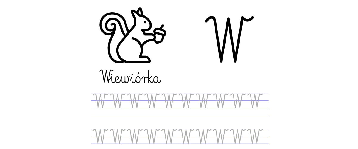 Pisanie po śladzie w liniaturze: Litera W (3 karty pracy)