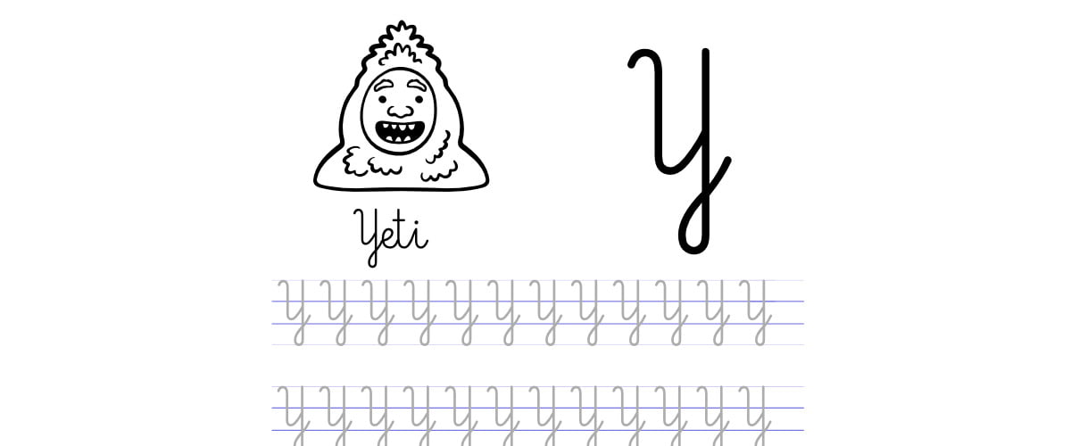Pisanie po śladzie w liniaturze: Litera Y (3 karty pracy)