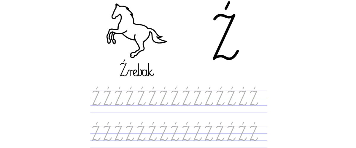 Pisanie po śladzie w liniaturze: Litera Ź (3 karty pracy)