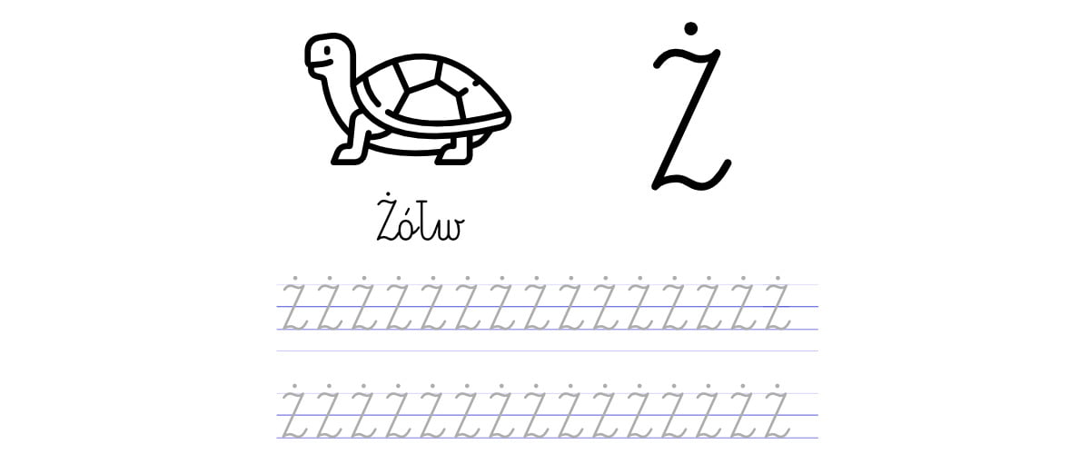 Pisanie po śladzie w liniaturze: Litera Ż (3 karty pracy)