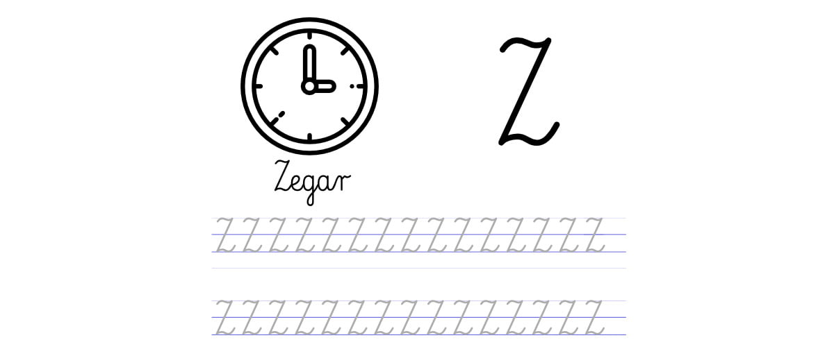 Pisanie po śladzie w liniaturze: Litera Z (3 karty pracy)