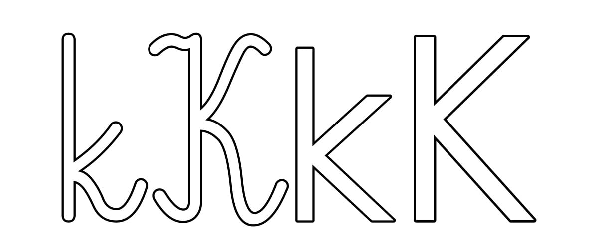 Kontury litery K pisane i drukowane (4 szablony)
