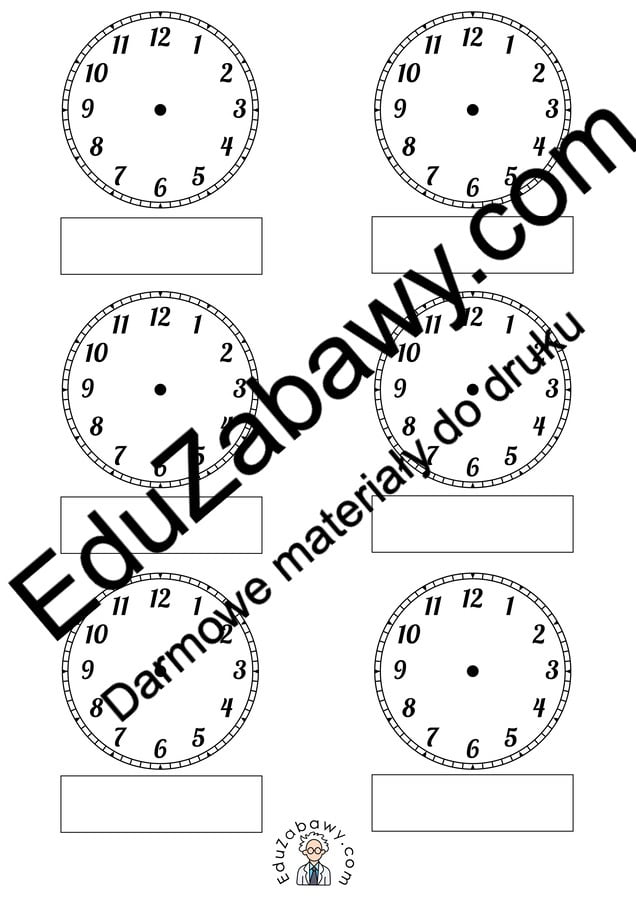 Nauka zegara - dorysuj wskazówki - wersja czarno biała