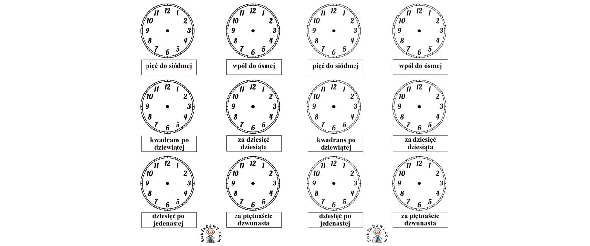 Nauka zegara – dorysuj wskazówki wg podpisów