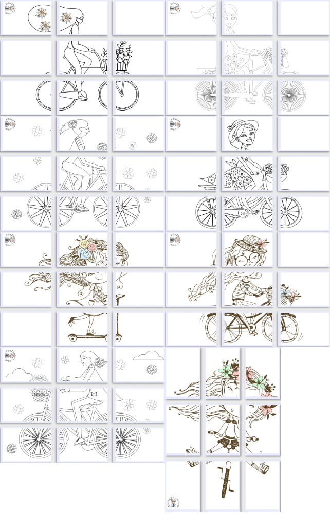 Kolorowanki XXL do druku: Pani Wiosna na rowerze (8 szablonów)