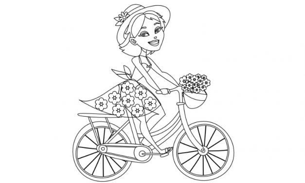 Kolorowanki: Pani Wiosna na rowerze (8 szablonów)