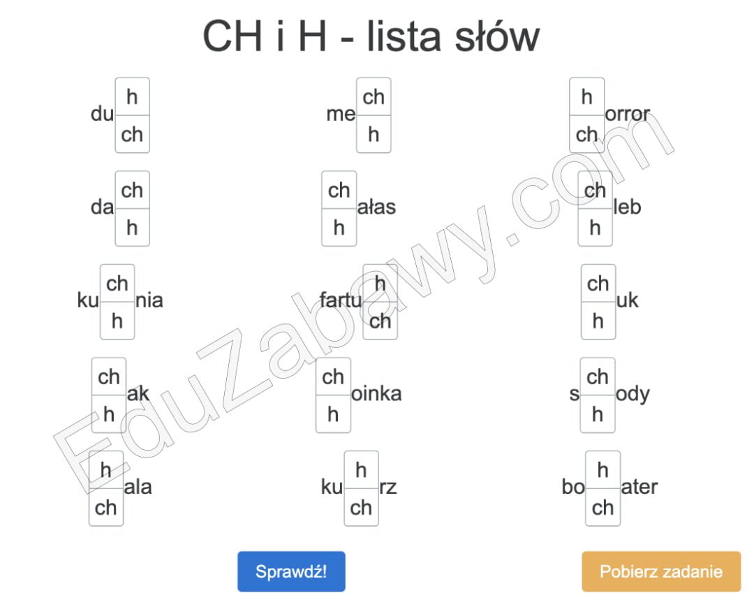 Dyktanda online dla klas 1, 2, 3 na ch i h: Lista słów. Rozwiąż online