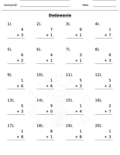 Generator kart pracy: dodawanie 1