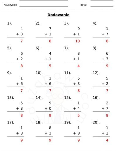 Generator kart pracy: dodawanie 2