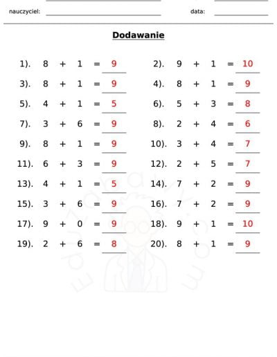 Generator kart pracy: dodawanie 4