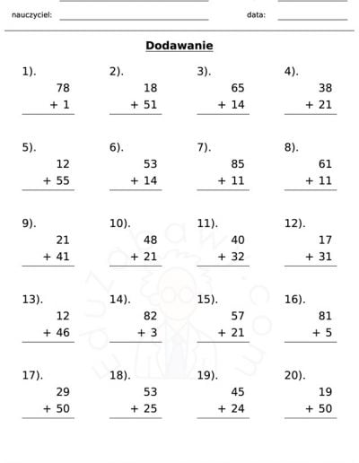 Generator kart pracy: dodawanie 5