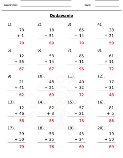 Generator kart pracy: dodawanie 6