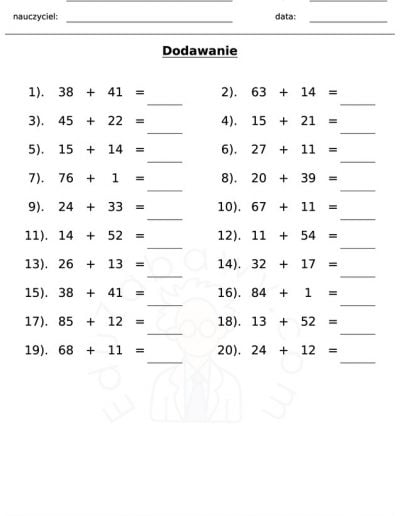 Generator kart pracy: dodawanie 7