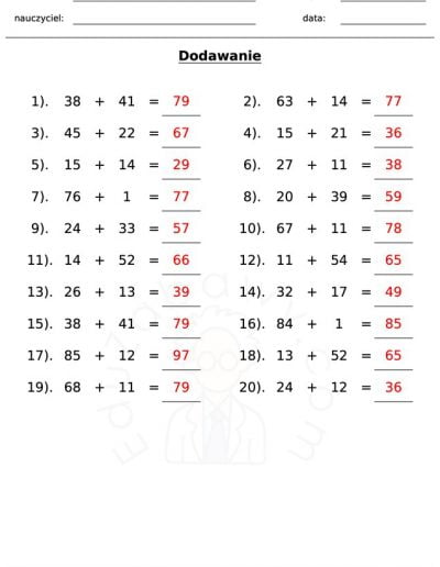 Generator kart pracy: dodawanie 8