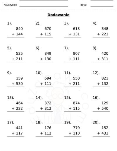 Generator kart pracy: dodawanie 9