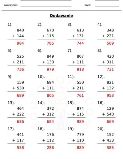 Generator kart pracy: dodawanie 10