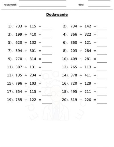 Generator kart pracy: dodawanie 11